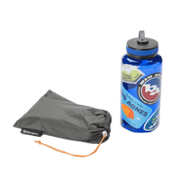 Hiking tent footprint stuff sack next to a 1L water bottle for scale