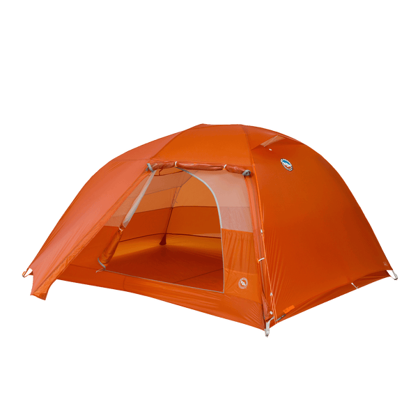 Orange hiking tent with door rolled up out of the way to show the interior