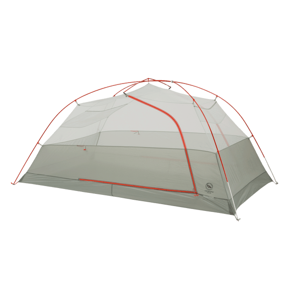 Nylon and mesh hiking tent inner with red poles pitched without the fly