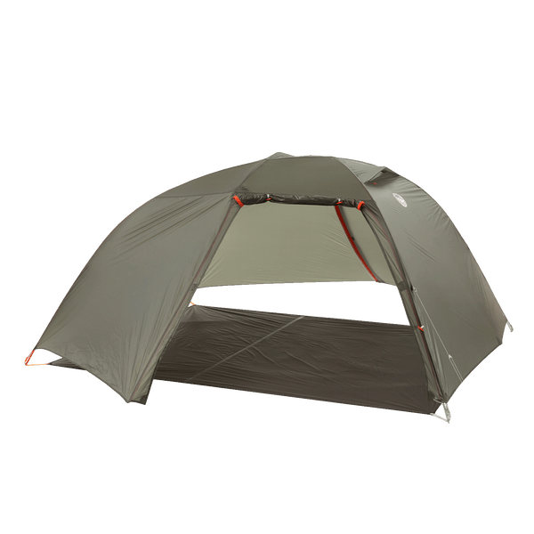 Dark green hiking tent fly pitched with a footprint but no inner