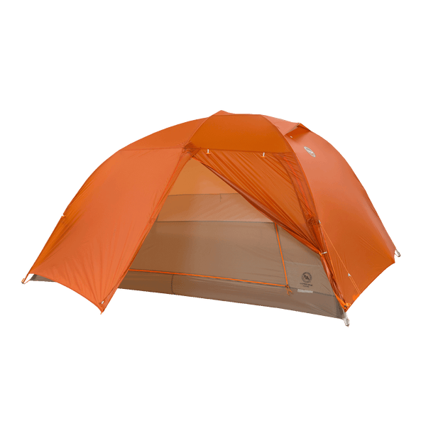 Orange hiking tent with door rolled to the side