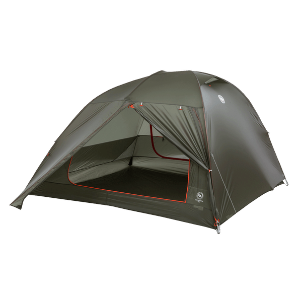 Dark green hiking tent with door tied to the side on a white background
