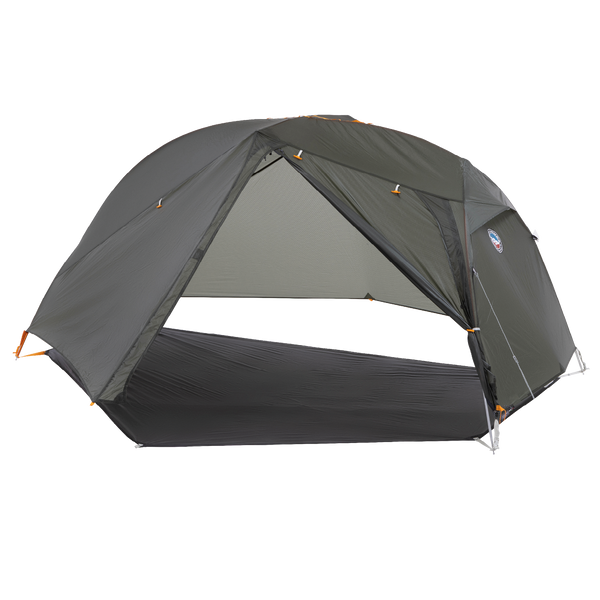 Grey camping tent fly with grey footprint on a white background