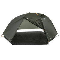 Green hiking tent fly pitched on a grey footprint without the inner tent