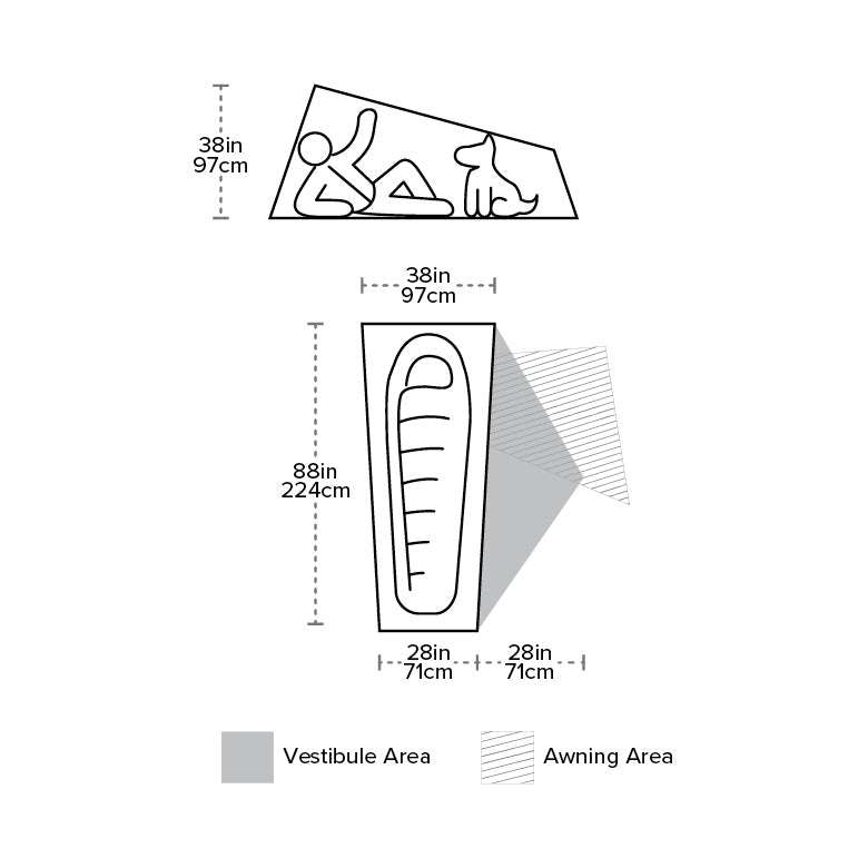 Diagram of a tent with dimensions labelled