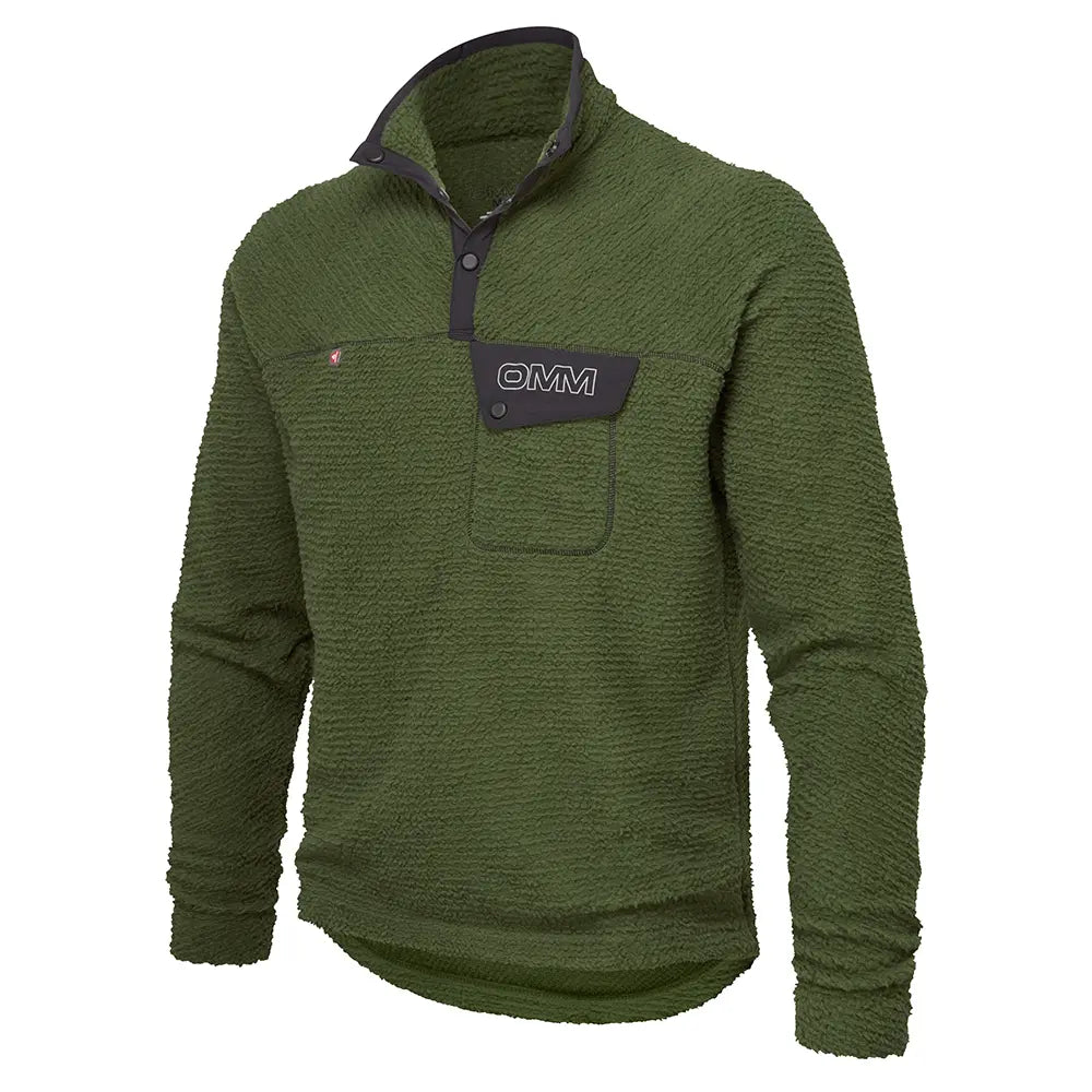 OMM Core Press Pullie in Dark Green, angled front view showing the relaxed pullover fit