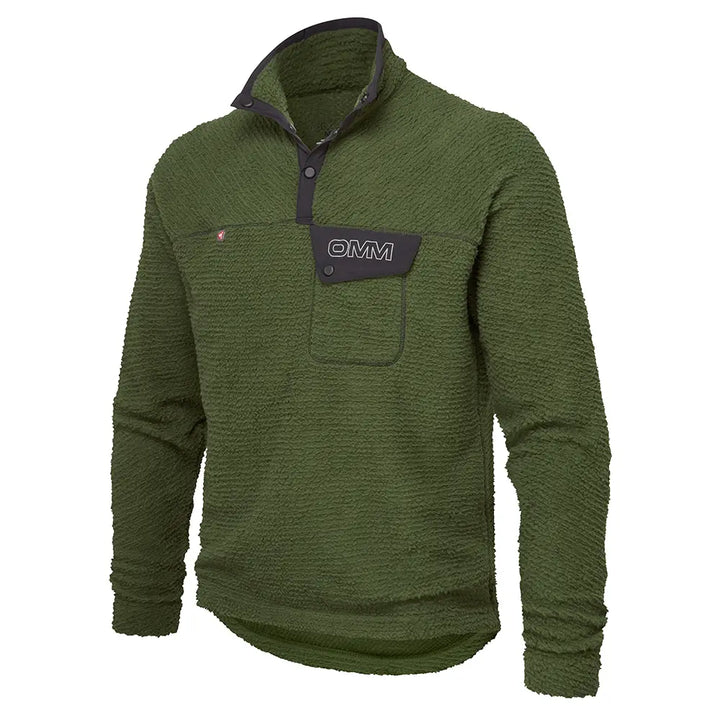 OMM Core Press Pullie in Dark Green, angled front view showing the relaxed pullover fit