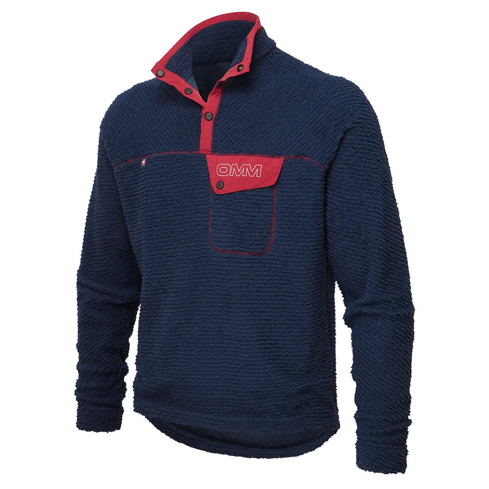 OMM Core Press Pullie in Navy, angled front view showing the relaxed pullover fit
