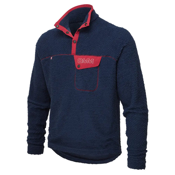 OMM Core Press Pullie in Navy, angled front view showing the relaxed pullover fit