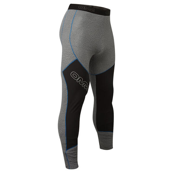 OMM Core Tights in Grey/Black, angled view showing the fitted leg silhouette