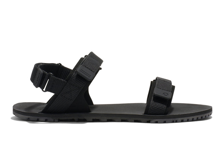 Black sandal with multiple straps on a white background