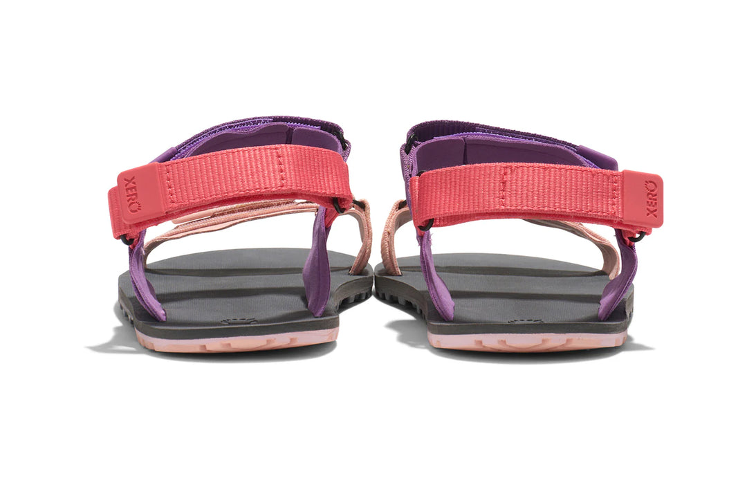 Pair of pink and purple sandals on a white background.