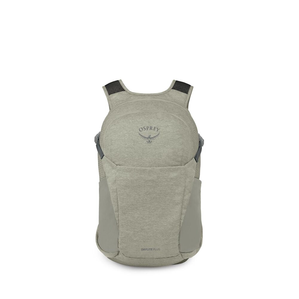An Osprey backpack in a heathered light gray-green color, shown from the back on a plain white background.