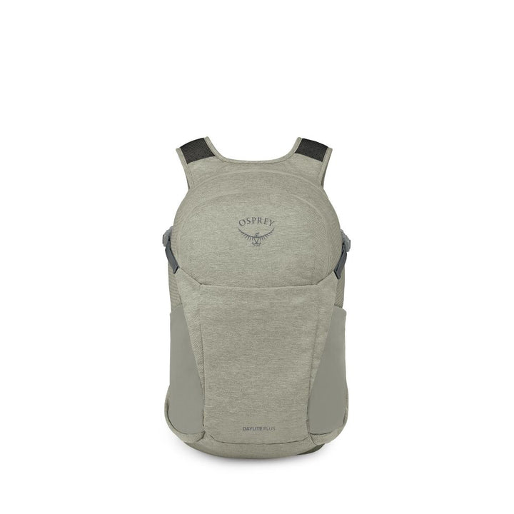 An Osprey backpack in a heathered light gray-green color, shown from the back on a plain white background.