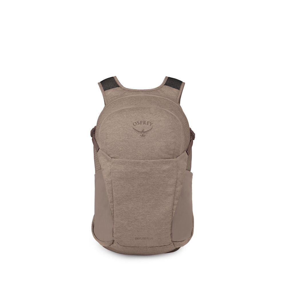 An Osprey backpack in a heathered taupe-brown color, shown from the back against a plain white background.