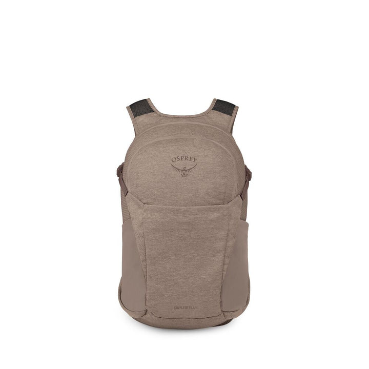 An Osprey backpack in a heathered taupe-brown color, shown from the back against a plain white background.