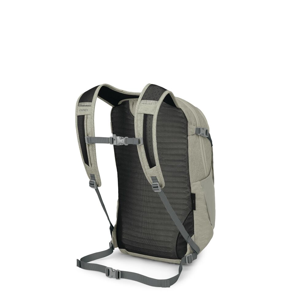 The back view of a light gray and dark gray backpack, showing the padded shoulder straps, mesh back panel, and side compression straps against a white background.