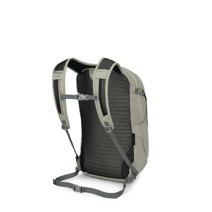 The back view of a light gray and dark gray backpack, showing the padded shoulder straps, mesh back panel, and side compression straps against a white background.