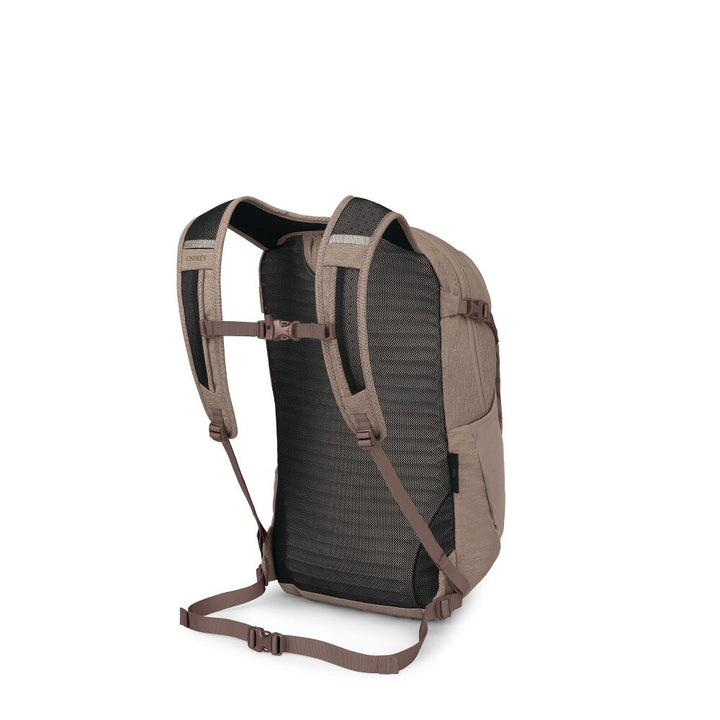 A backpack shown from the back on a clean white background, featuring a textured dark gray padded back panel, brown shoulder straps, and a taupe-brown outer shell.