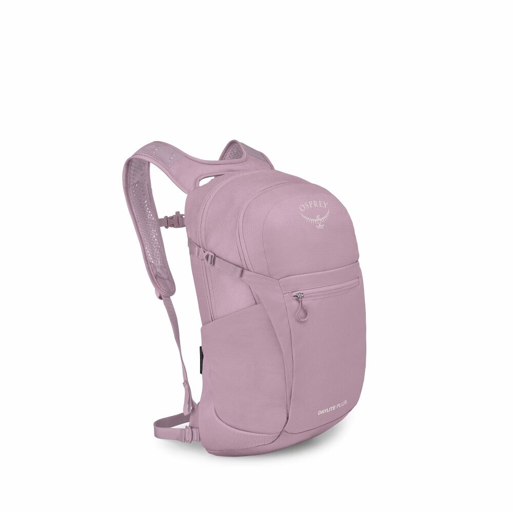 Pink backpack on a white background
