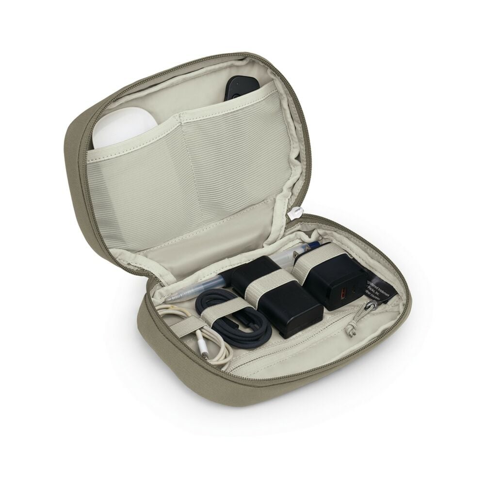 Open beige travel case with electronic accessories on a white background