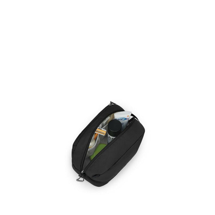 Black travel pouch with compartments on a white background