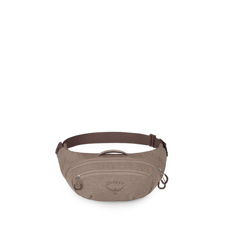 An Osprey fanny pack in a heathered taupe-brown fabric with a darker brown adjustable waist strap, shown against a plain white background.