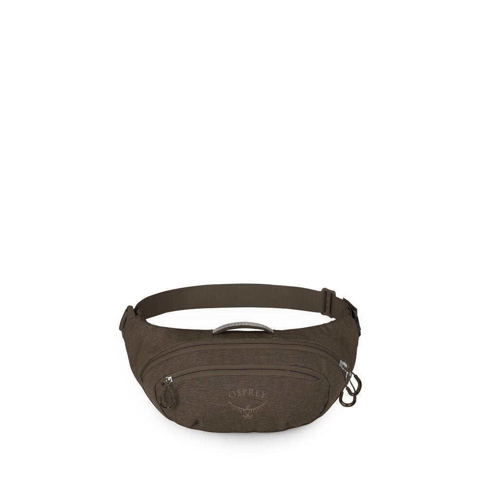 A dark brown Osprey waist bag with a matching adjustable belt, shown against a plain white background.