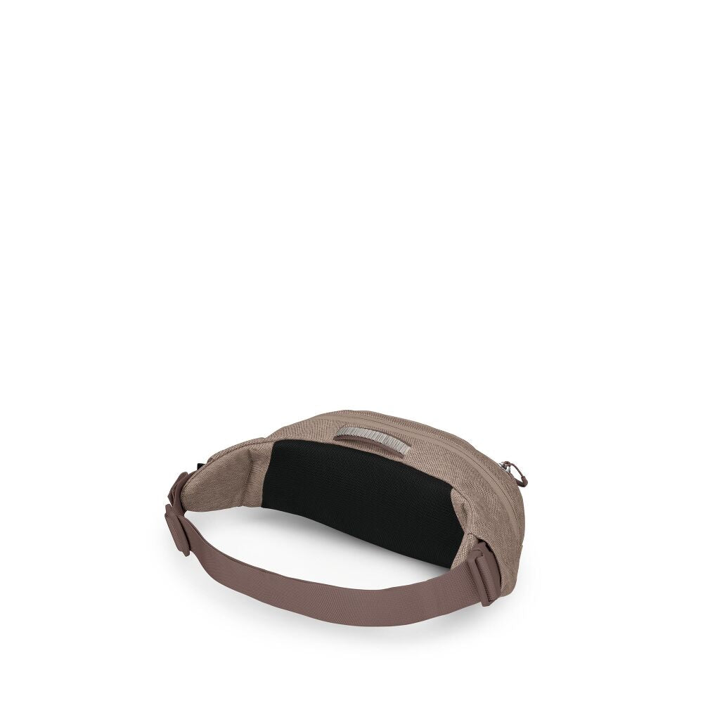 A beige canvas crossbody bag with a black interior lining and a matching adjustable strap, shown from a side angle on a white background.