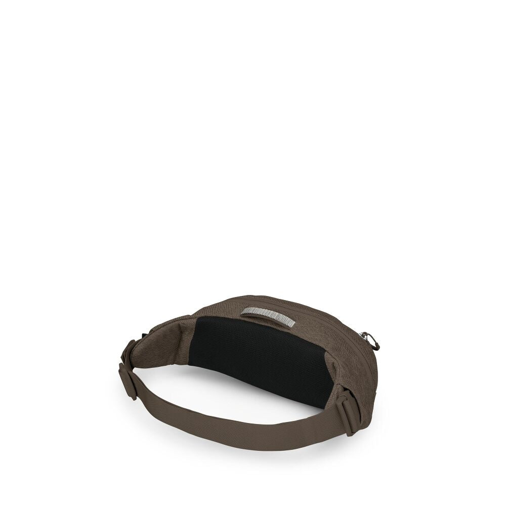 A brown waist bag with a black padded interior and an adjustable strap, shown from a side angle on a white background.