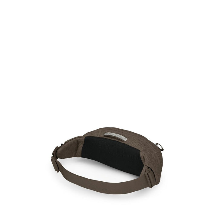 A brown waist bag with a black padded interior and an adjustable strap, shown from a side angle on a white background.