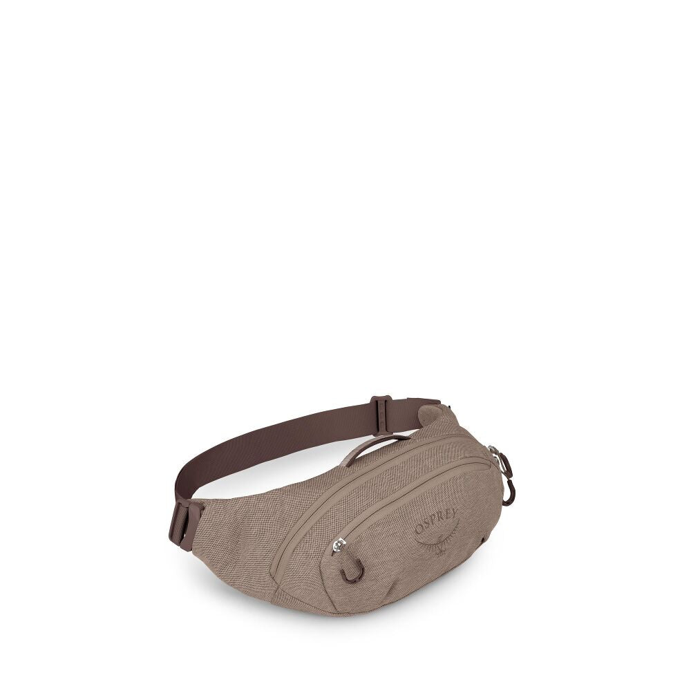 A Osprey waist bag in a textured taupe fabric with a dark brown adjustable strap, shown on a clean white background.