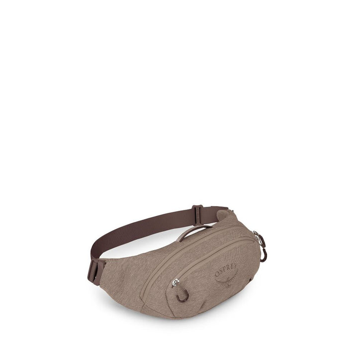 A Osprey waist bag in a textured taupe fabric with a dark brown adjustable strap, shown on a clean white background.