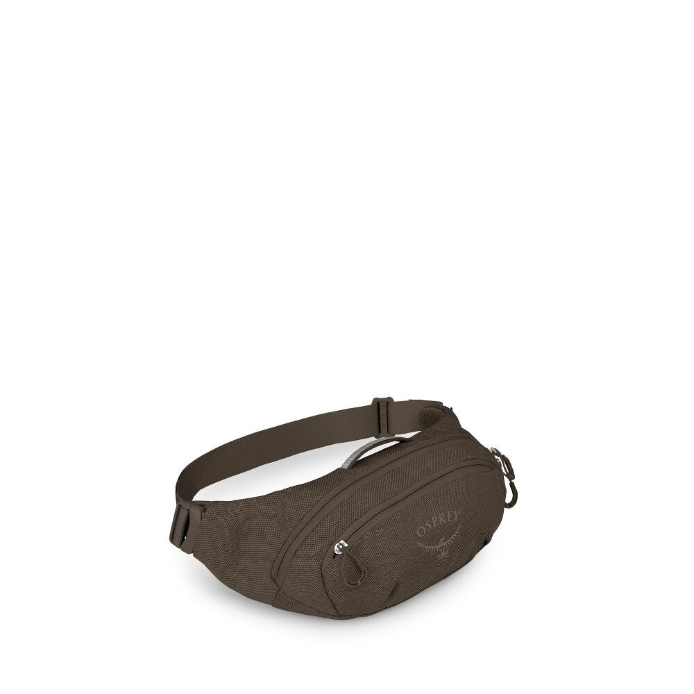 A dark brown Osprey fanny pack with a textured fabric body, adjustable strap, and a subtle embossed logo on the front, shown against a plain white background.