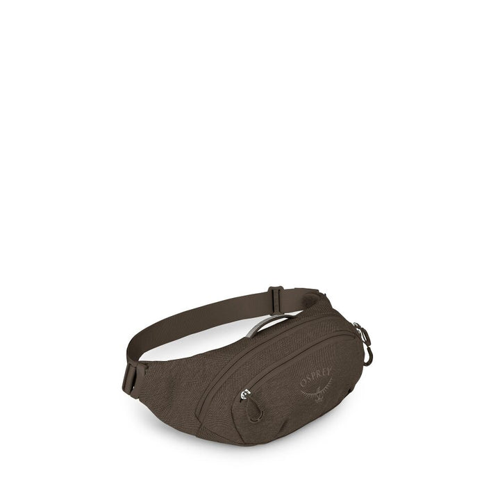 A dark brown Osprey fanny pack with a textured fabric body, adjustable strap, and a subtle embossed logo on the front, shown against a plain white background.