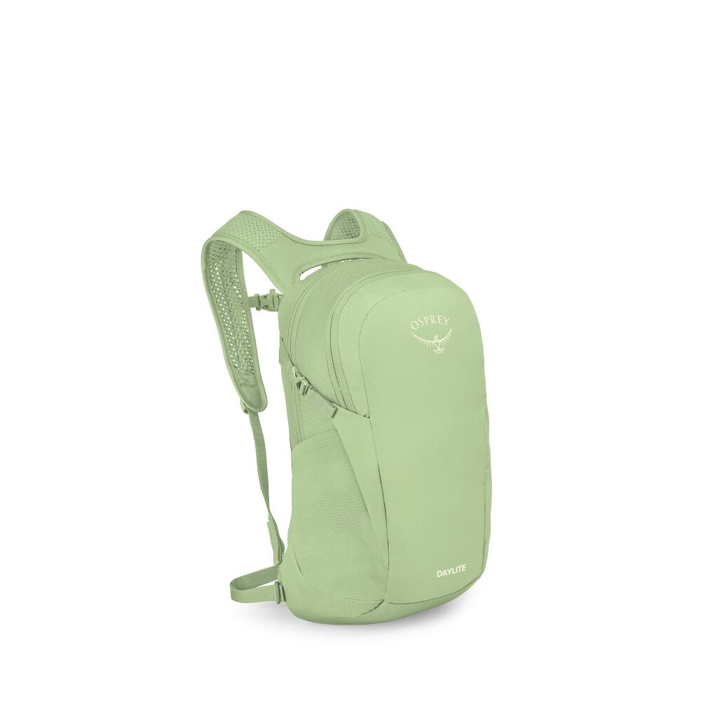 A light sage green Osprey Daylite backpack shown from a three-quarter angle against a plain white background.
