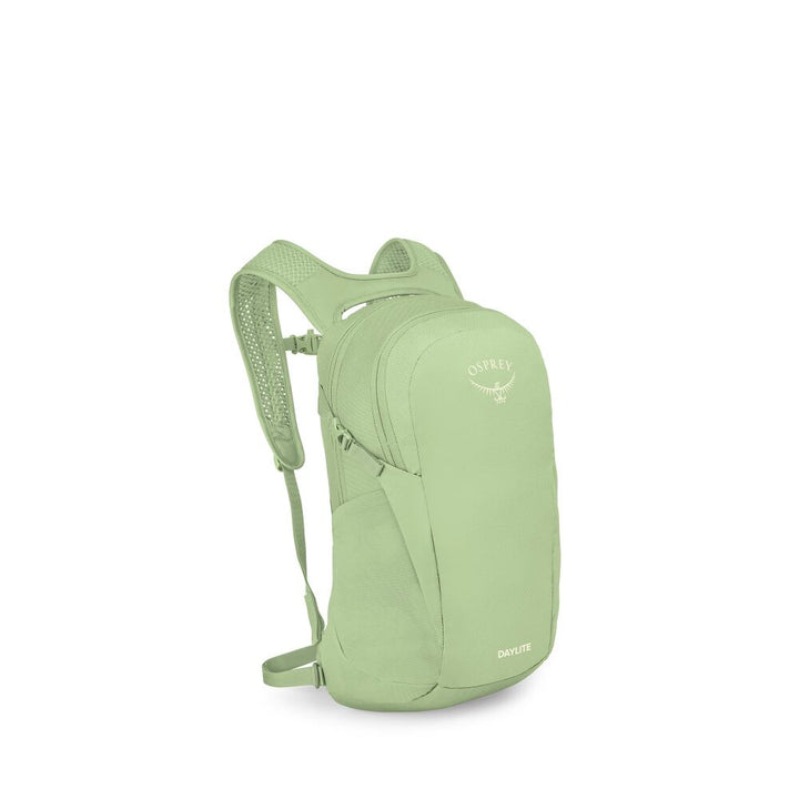 A light sage green Osprey Daylite backpack shown from a three-quarter angle against a plain white background.