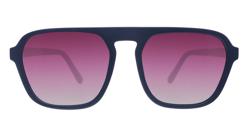 Sunglasses with black frames and pink gradient lenses on a white background