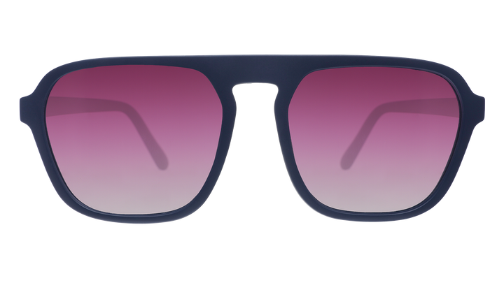 Sunglasses with black frames and pink gradient lenses on a white background