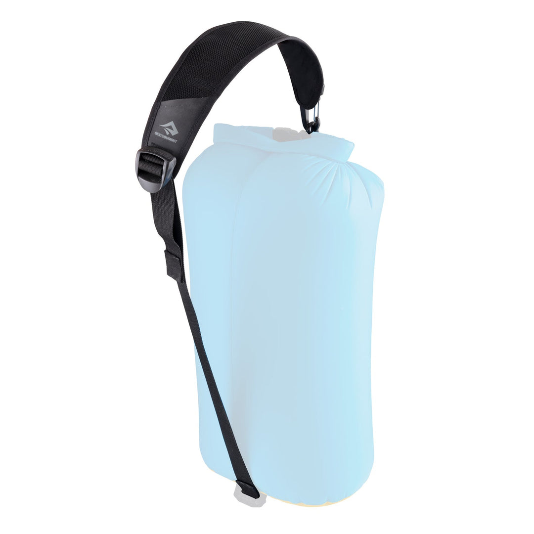 Blue dry bag with a black shoulder strap on a white background