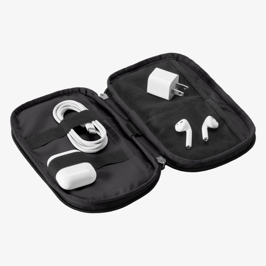Black travel case with white earbuds and charging cable on a white background