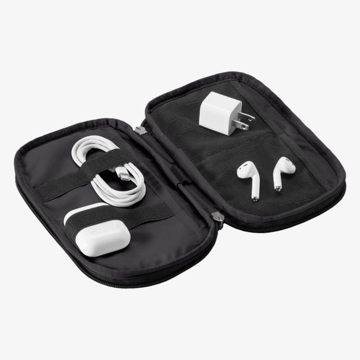 Black travel case with white earbuds and charging cable on a white background
