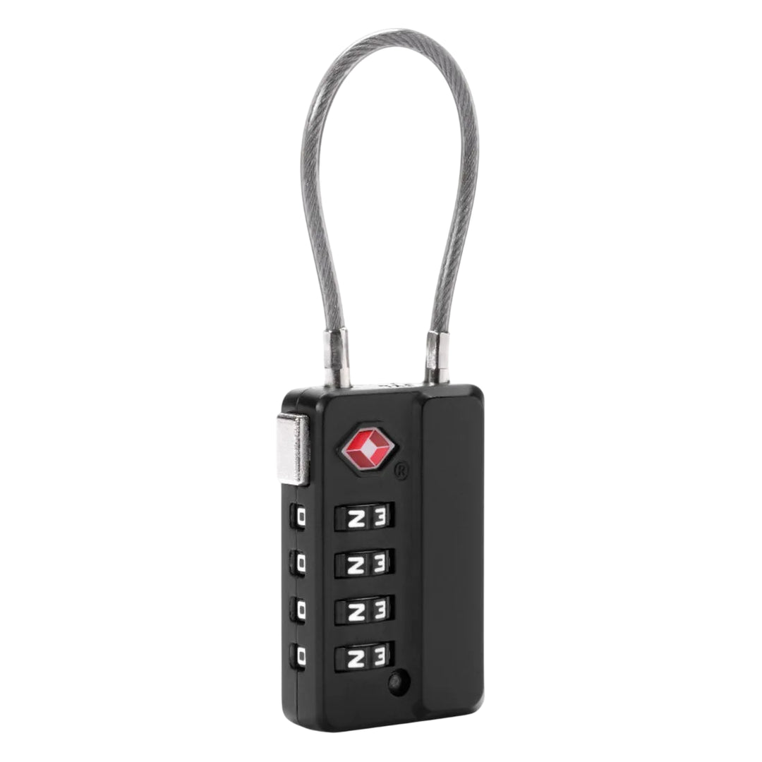 Black combination lock with a red logo on a white background