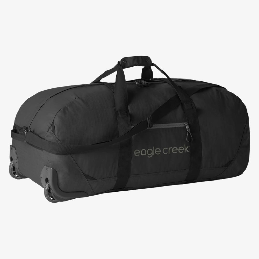 Black rolling duffel bag with 'eagle creek' branding on a white background