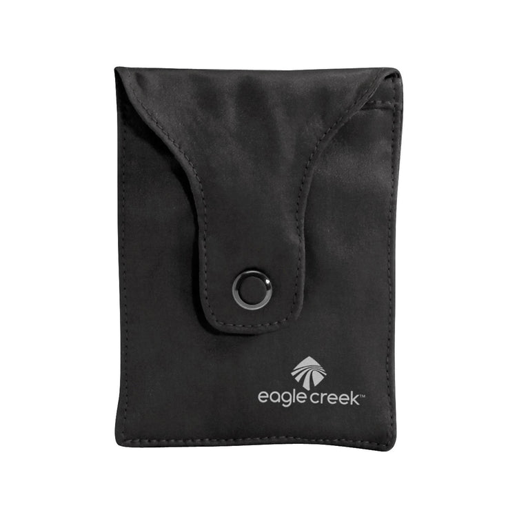 A black fabric card holder or wallet pouch with a flap closure and metal snap button, featuring the Eagle Creek logo printed in white near the bottom, set against a plain white background.