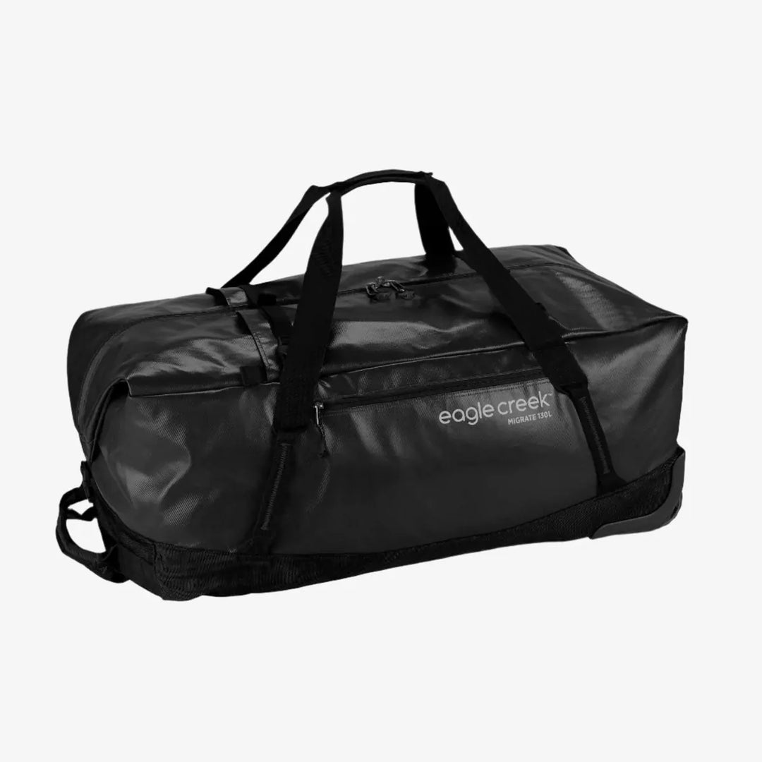 Black duffel bag with 'eagle creek' branding on a white background
