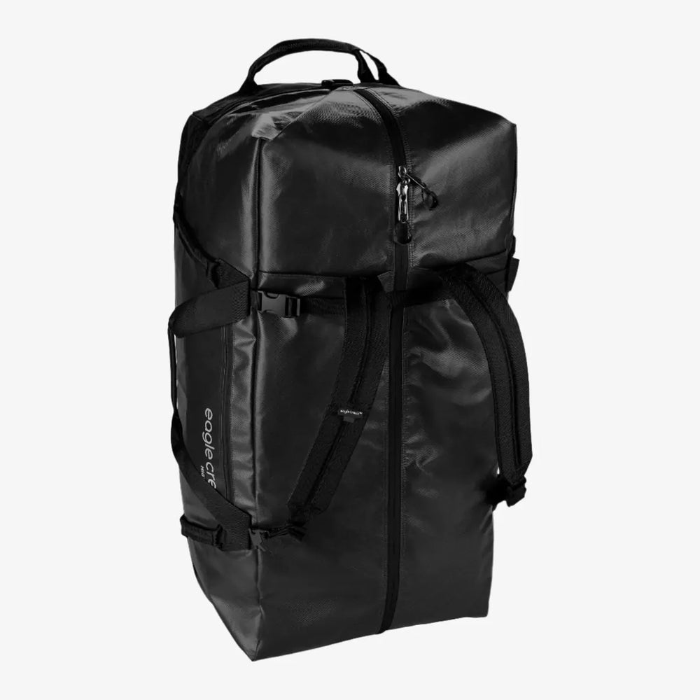 Black backpack with multiple straps on a white background