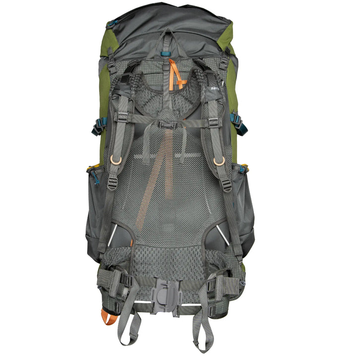 Gray and green hiking backpack on a white background