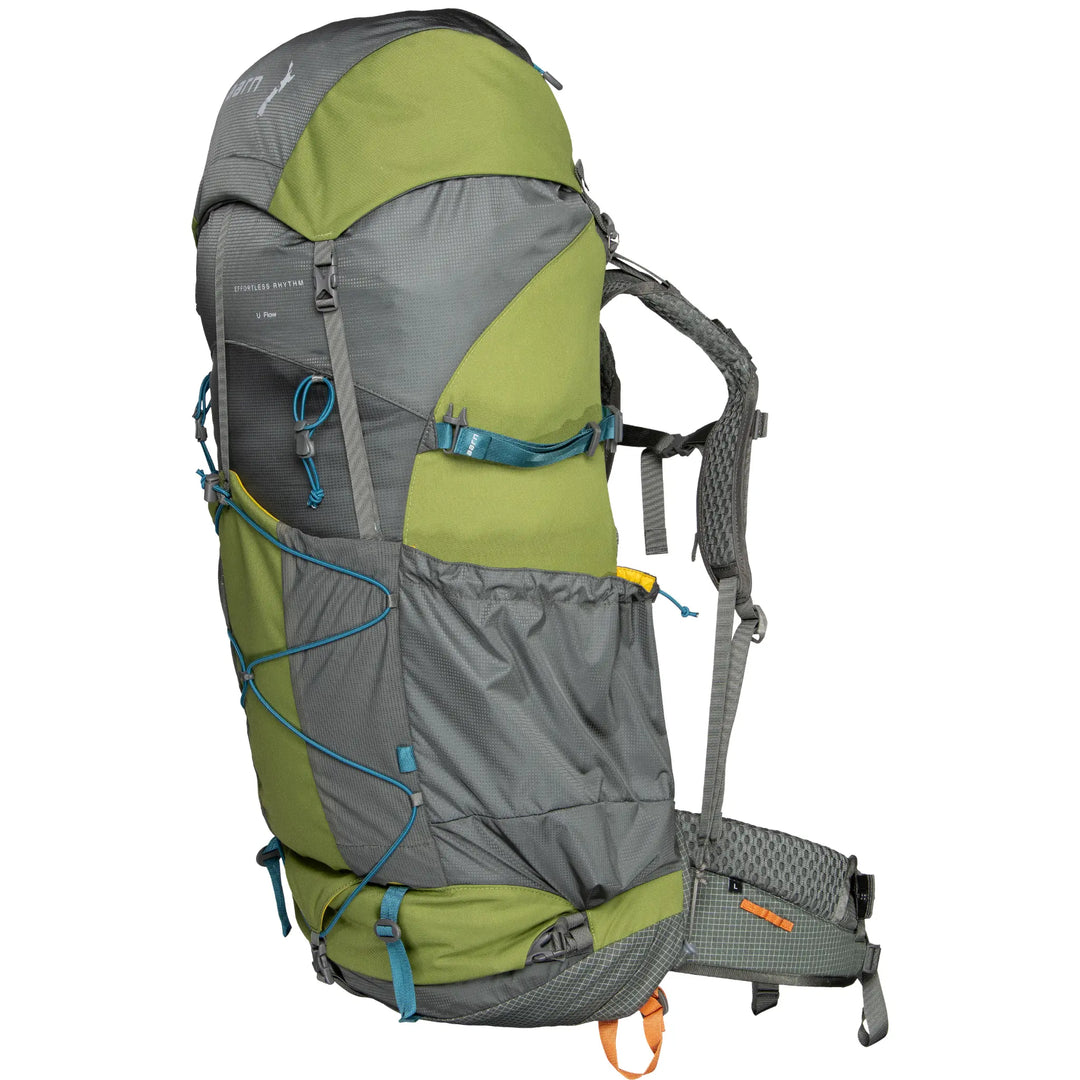 Green and gray hiking backpack on a white background