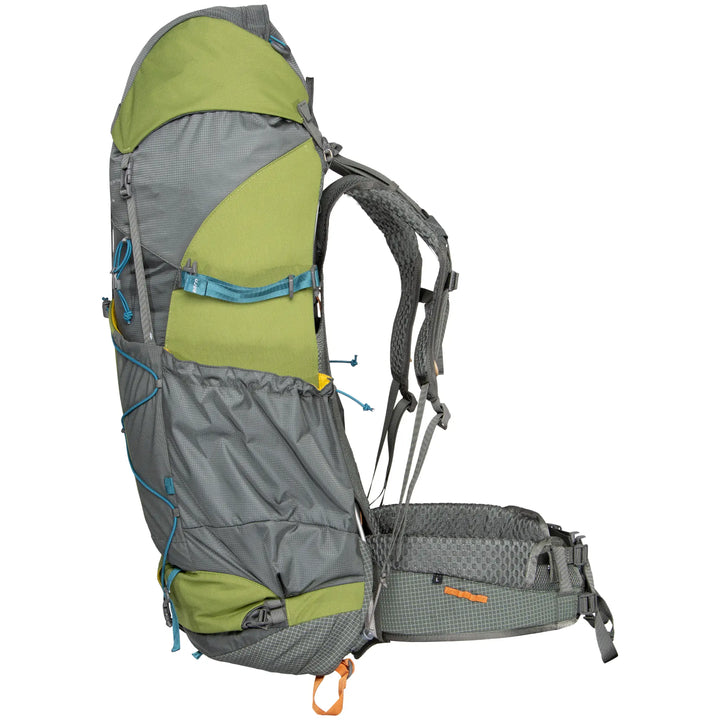 Hiking backpack with green and gray compartments on a white background